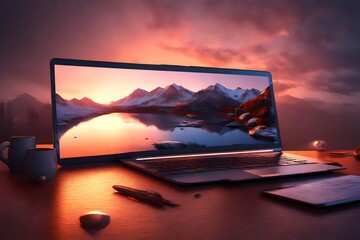 computer with sunset