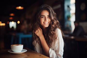 A young, attractive Caucasian woman enjoys a hot cappuccino in a modern cafe, smiling by the window.
