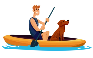 Foto op Canvas man on kayak with his dog flat style vector illustration , happy man and a dog riding a boat cartoon vector image © VectorTrace.com