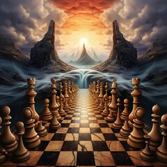 View of dramatic and surreal chess pieces with dark colors - obrazy, fototapety, plakaty