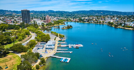 Aerial Lake Merritt Boating Center with Pelican Island in distance with buildings along shore