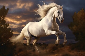 Fototapeta premium A symbol of untamed freedom, the majestic white horse embodies the untamed spirit. Generative AI