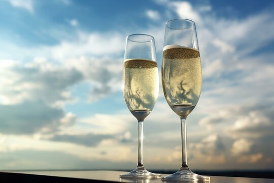 Two champagne glasses with a stunning sky background. Generative AI
