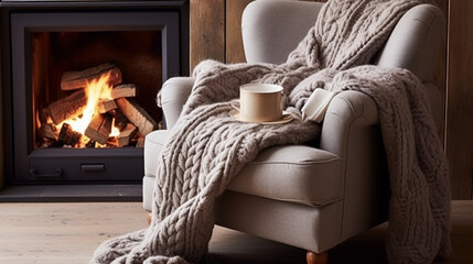 An inviting armchair by a crackling fireplace, featuring a chunky knit blanket, creating an ideal spot for unwinding during winter evenings