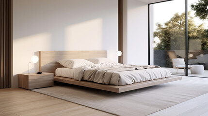 A contemporary bedroom with a minimalist platform bed and a crisp white coverlet, emphasizing simplicity and serenity in design