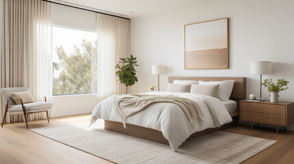 A tranquil bedroom with a handwoven, neutral-toned coverlet, reflecting the calm and simplicity of minimalist design