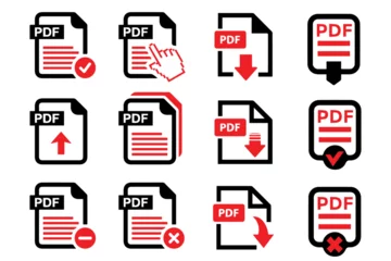Fotobehang PDF file format icons set. PDF file stock download symbols. Format for texts, images, vector images, videos, interactive forms collection © CzakaU