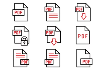 Fotobehang PDF file format icons set. PDF file stock download symbols. Format for texts, images, vector images, videos, interactive forms collection © CzakaU