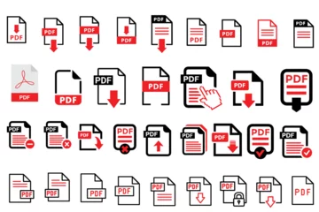 Fotobehang PDF file format icons set. PDF file stock download symbols. Format for texts, images, vector images, videos, interactive forms collection © CzakaU