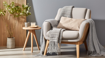 A casual armchair with a denim-inspired throw blanket, creating a relaxed and laid-back ambiance in a contemporary interior