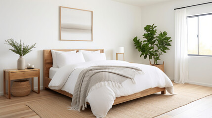 A tranquil bedroom with a handwoven, neutral-toned coverlet, reflecting the calm and simplicity of minimalist design