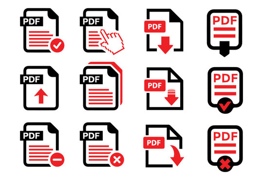 PDF file format icons set. PDF file stock download symbols. Format for texts, images, vector images, videos, interactive forms collection