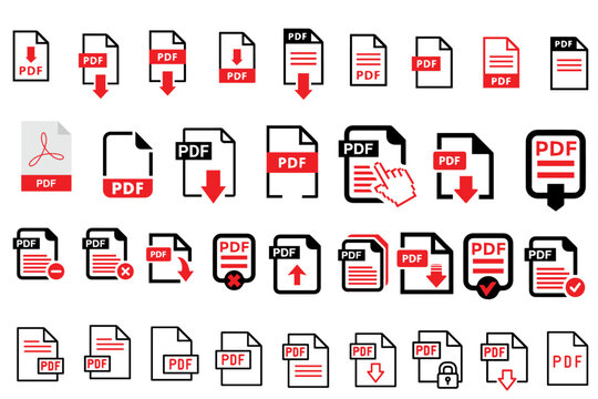 PDF file format icons set. PDF file stock download symbols. Format for texts, images, vector images, videos, interactive forms collection