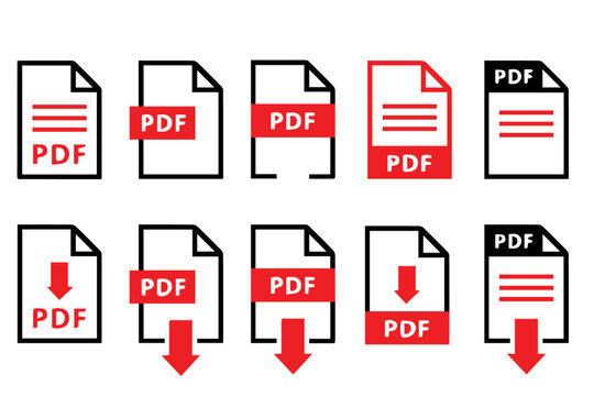 PDF file format icons set. PDF file stock download symbols. Format for texts, images, vector images, videos, interactive forms collection