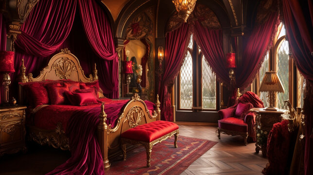 A regal bedroom with a grand canopy bed adorned with richly colored silks and velvets, embodying opulence and majesty
