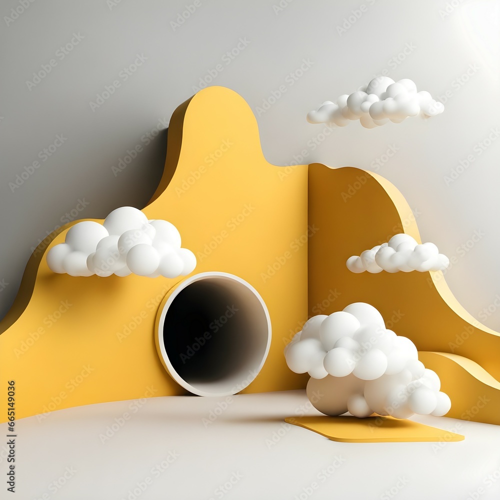 Poster 3d-render abstract minimal yellow background with white clouds flying out the tunnel