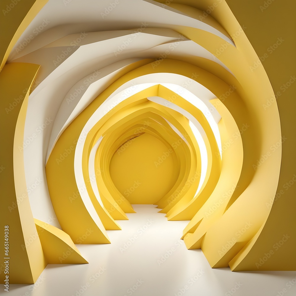 Poster 3d-render abstract minimal yellow background with white clouds flying out the tunnel