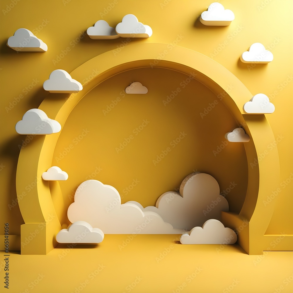 Poster 3d-render abstract minimal yellow background with white clouds flying out the tunnel