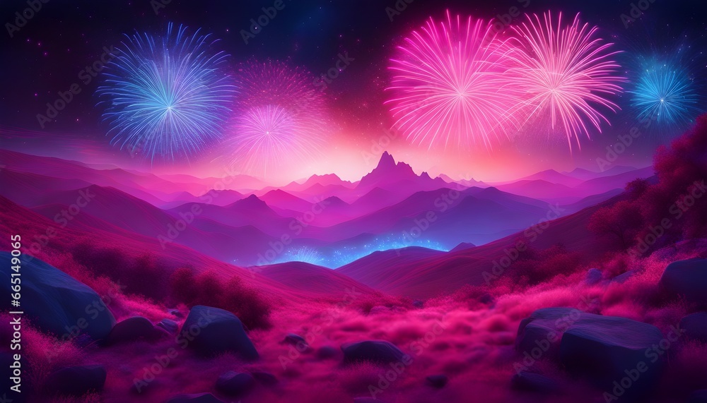 Poster abstract neon background with pink and blue fireworks over a cosmic landscape framed in uv light wit