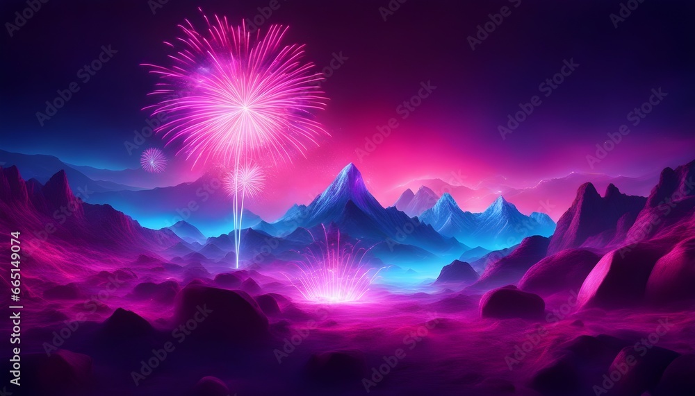 Poster abstract neon background with pink and blue fireworks over a cosmic landscape framed in uv light wit