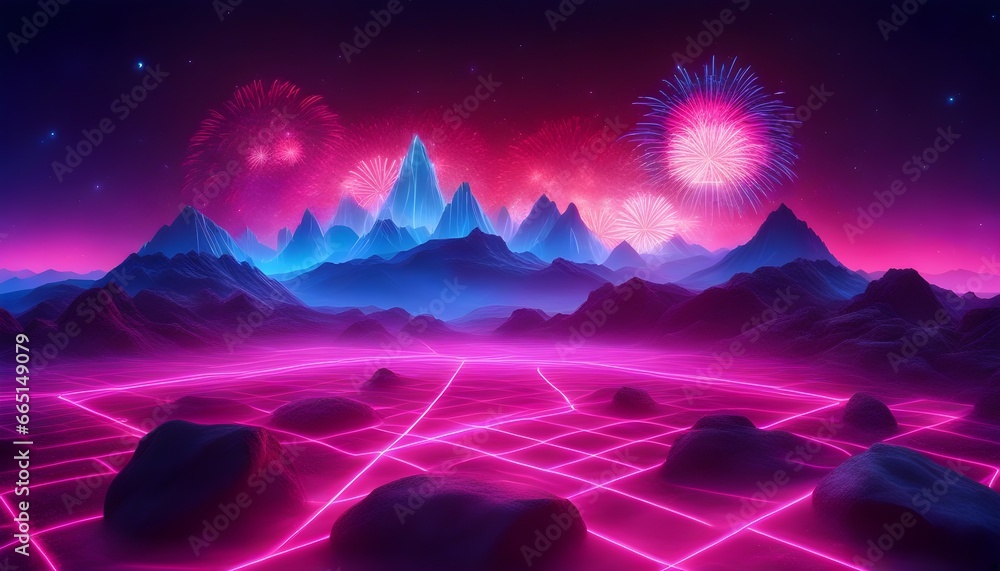 Poster abstract neon background with pink and blue fireworks over a cosmic landscape framed in uv light wit