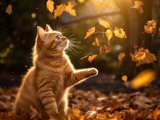 Playful cat batting at falling autumn leaves in a sunlit garden