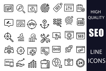 SEO line icons vector set. Search Engine Optimization symbol collection. Search, content, analysis, traffic, link, development, optimization, digital marketing, mail, search, strategy, content, 