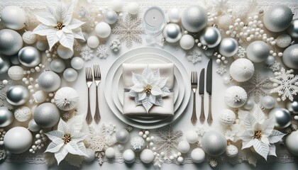 Beautifully served New Year's Christmas table with white decor. Monochrome composition top view.