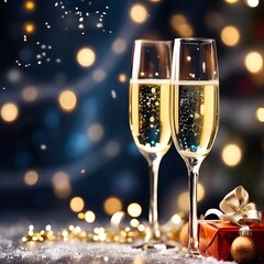 New Year's Eve, two glasses of champagne on a long stem, a gift with a ribbon, New Year's paraphernalia, garland lights, bokeh, blue and gold color, AI generativ