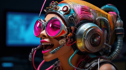 Abstract illustration of a robot girl with a futuristic helmet on her head and pink glasses on a dark background with a blurred blue screen