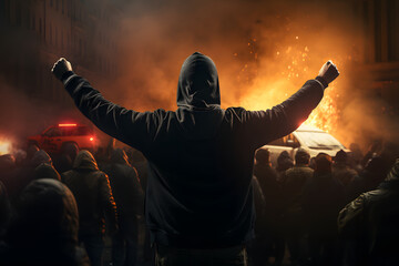 street riot in city with protestors and burning cars. Neural network generated image. Not based on any actual person or scene.