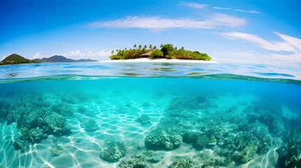 Fototapeten Crystal clear waters surrounding a vibrant coral island, desktop background, landscape background, aspect-ratio 16:9 © Your Landscape 