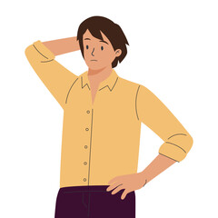 Puzzled pensive man thinking and scratching his head with finger, finding solutions. Thoughtful questioned.