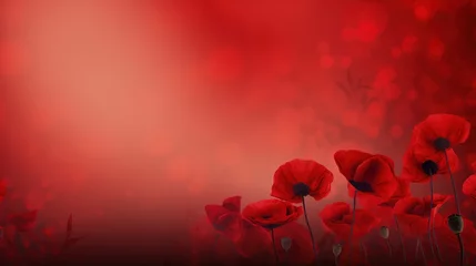 Foto op Plexiglas Remembrance Day background with copy space. Red poppy flowers on bokeh background. Suitable for social media posts, posters, and other marketing materials. © Fokasu Art