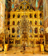 The altar and the iconostasis in the Assumption Cathedral in the Holy Trinity Sergius Lavra in the city of Sergiev Posad