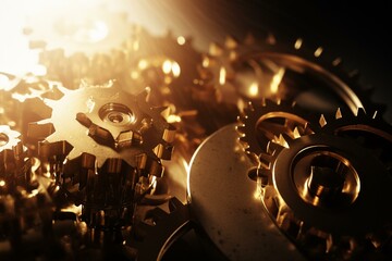 Golden gears representing the economy industry with lens flare. Generative AI
