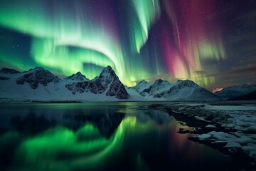 Stunning aurora borealis gleaming over Arctic snow, mesmerizing scenery, captivating backdrop. Generative AI