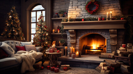 Fototapeta premium Cozy Christmas Hearth, generative ai