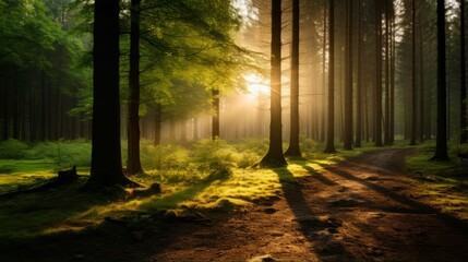 Fototapeta premium AI generated illustration of a lush green forest at golden hour