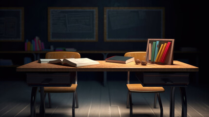 Open book and a classroom with blackboard and school desks isolated on white background. Education concept. 3d illustration.