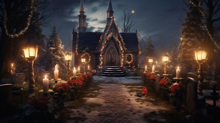 A peaceful churchyard with a quaint chapel, decorated with garlands and candles for a midnight service