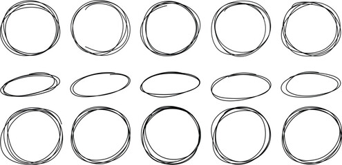 Hand drawn circle line sketch set. Vector circular scribble doodle round circles for message note mark design element. Pencil or pen graffiti bubble or ball draft  - obrazy, fototapety, plakaty