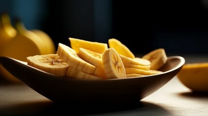 Banana slices elegantly arranged on a sleek black plate, AI-generated.