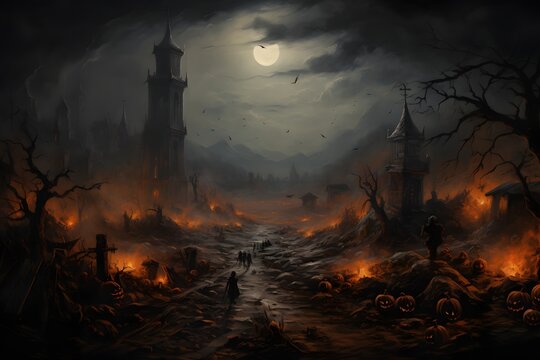 A petrifying Halloween scene with cursed pumpkins atop gravestones.