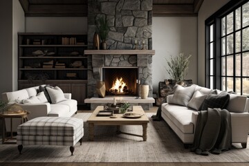 Rustic Farmhouse Living Room: Stone Fireplace, Neutral-Toned Sofas, Plaid Ottoman, Wooden Shelving, and Large Black Framed Windows