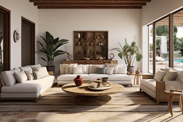 Spanish Sunny Coastal Living Room: Open Patio Door, Pristine White Sofas, Wooden Center Table, Tropical Plants, and Ethnic Wall Art Accents