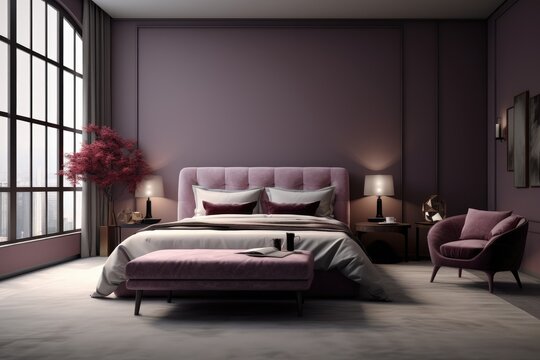 Lavender Bedroom: Purple Upholstered Bed, Modern Side Tables, Velvet Lounge Chair, and Ambient Wall Lights Against Grid Windows