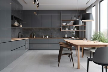 Modern kitchen with grey interior and a combined cooking and dining area filled with kitchenware. Generative AI
