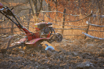 motor cultivator that digs the ground for growing vegetables