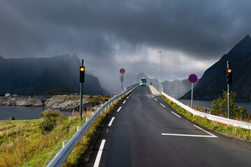 Tour bus on the Hamnoy bridge, Lofoten, Norway